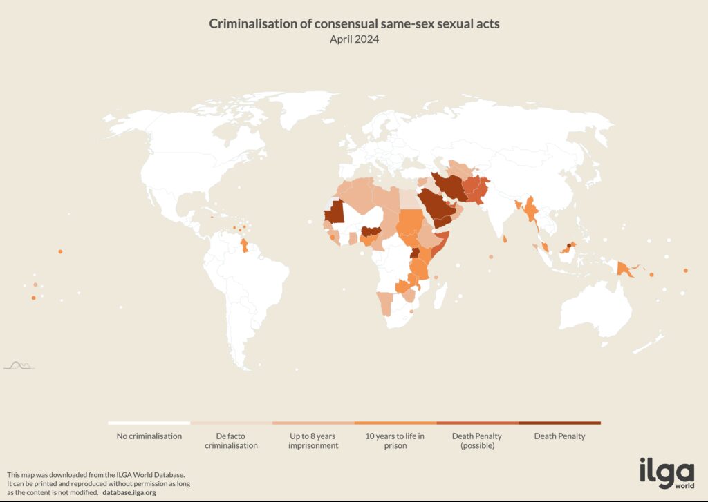 A world map showing countries that have penalities for same sex relationships and sex acts.