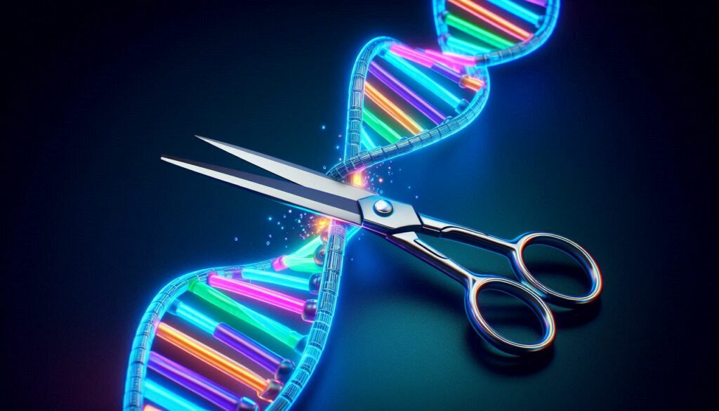 An illustration of a strand of DNA being cut in half by silver scissors - representing the CRISPR gene editing technique.