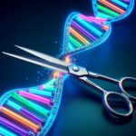 An illustration of a strand of DNA being cut in half by silver scissors - representing the CRISPR gene editing technique.