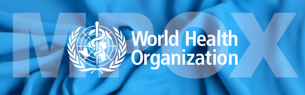 The WHO logo and the text MPOX on top of a waving teal flag.