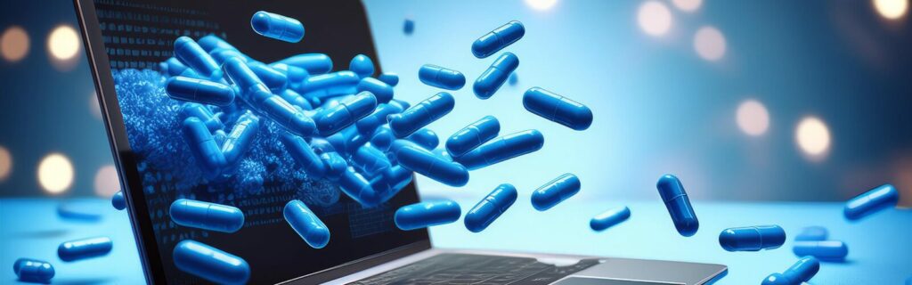 Blue pills fall out of a laptop screen.