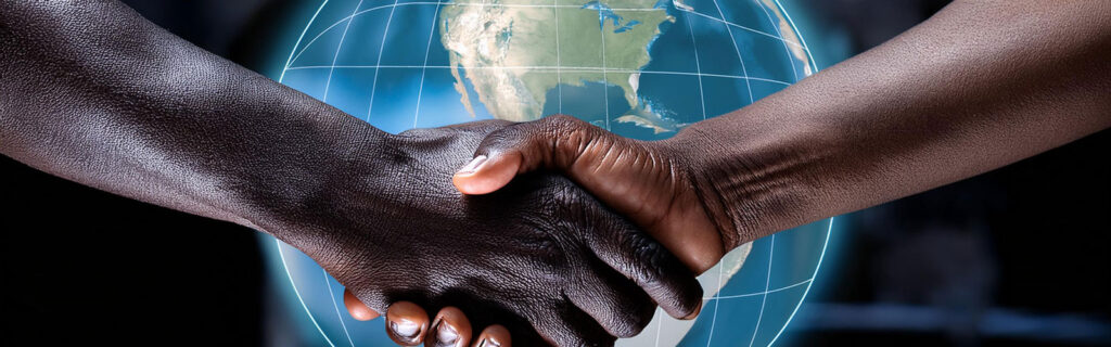 Two people shake hands in front of a globe of the earth.