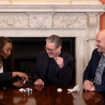 Sir Keir Starmer, singer Beverley Knight, and THT CEO Richard Angel sit in front of a fireplace in Downing Street - as Sir Keir Starmer takes a HIV test for HIV Testing Week